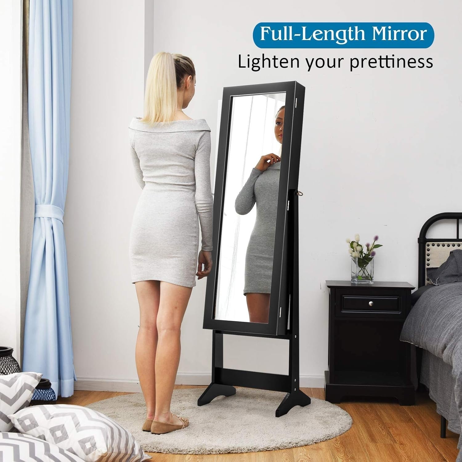 Adjustable Standing Jewelry Armoire Full Length Mirror Storage Black