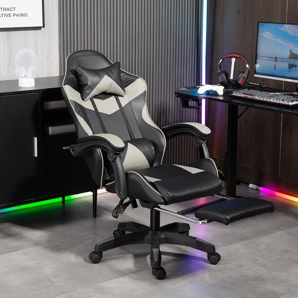 Reclining Gaming Chair w/ Footrest Swivel Gas Lift Grey