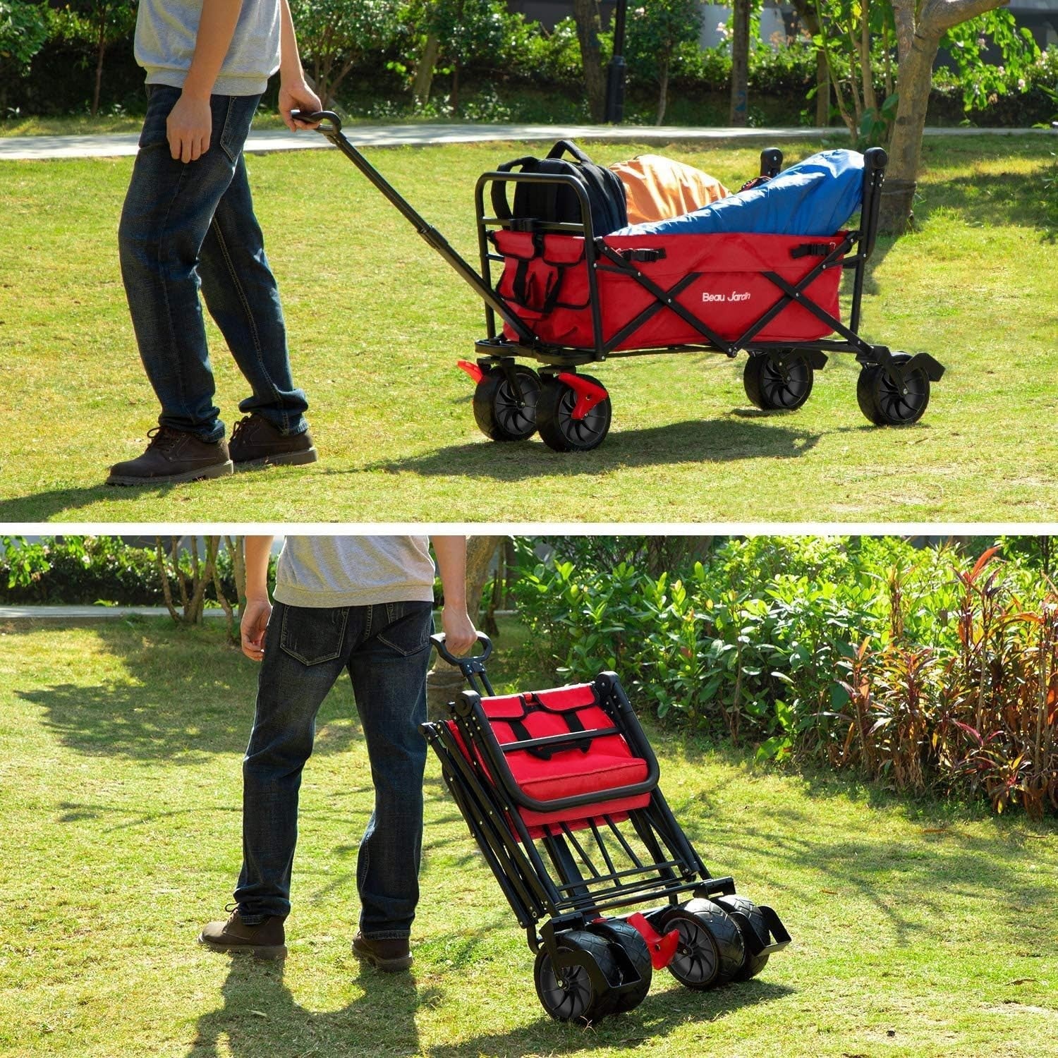 350lbs Heavy Duty Folding Beach Wagon Push Pull Cart w/ Big Sand Wheels & Brakes