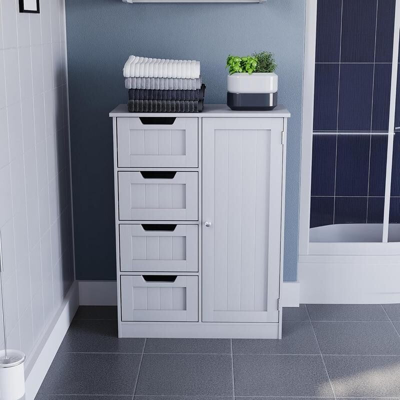 White Bathroom Cabinet 4 Drawer 1 Door Cupboard – Adjustable Shelf Storage