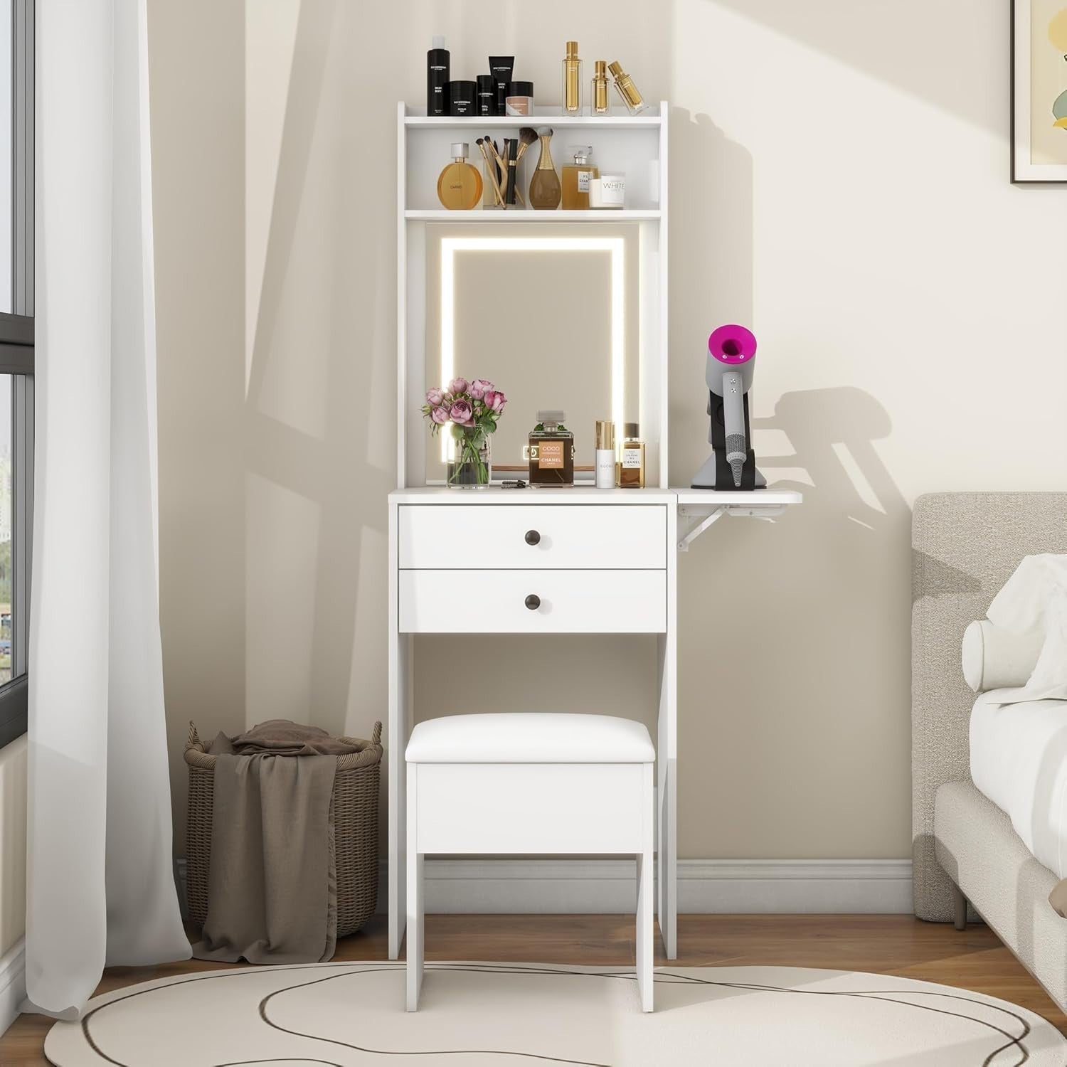 LED Vanity Dressing Table Mirror Desk Stool Set Compact Small Space Storage Whit