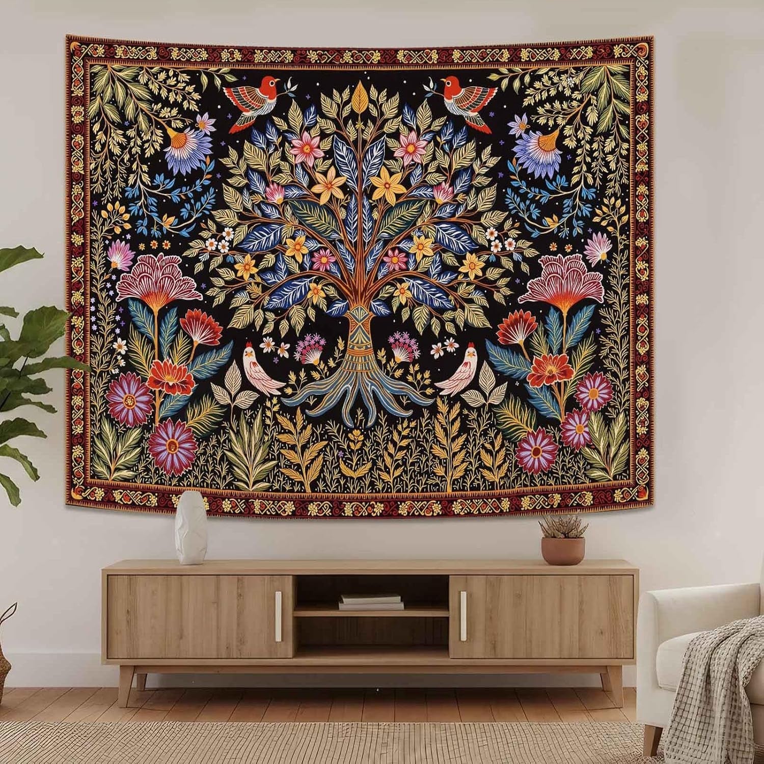 Folk Art Tree of Life Tapestry Birds & Foliage Boho 44x60