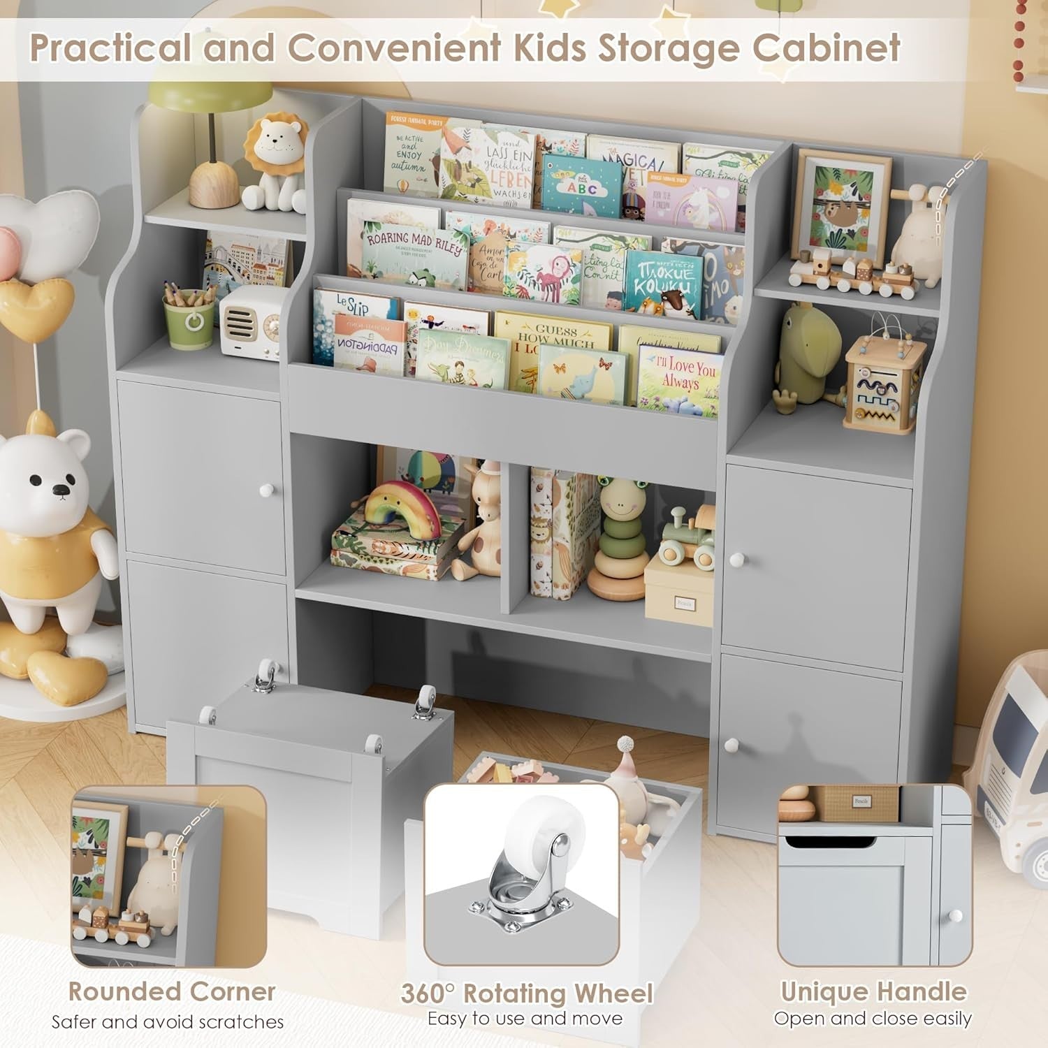 3-Tier Kids Toy Storage Unit with Drawers & Doors, Bookshelf 122x30x100cm
