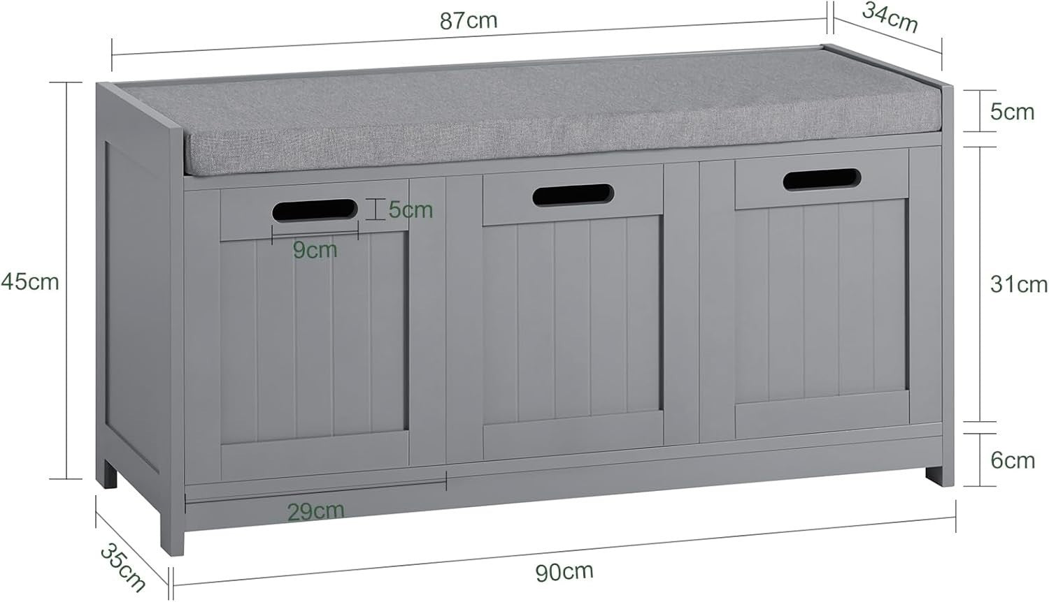 Modern Grey Hallway Shoe Storage Bench with Cushion & Drawer, 90x35x45cm