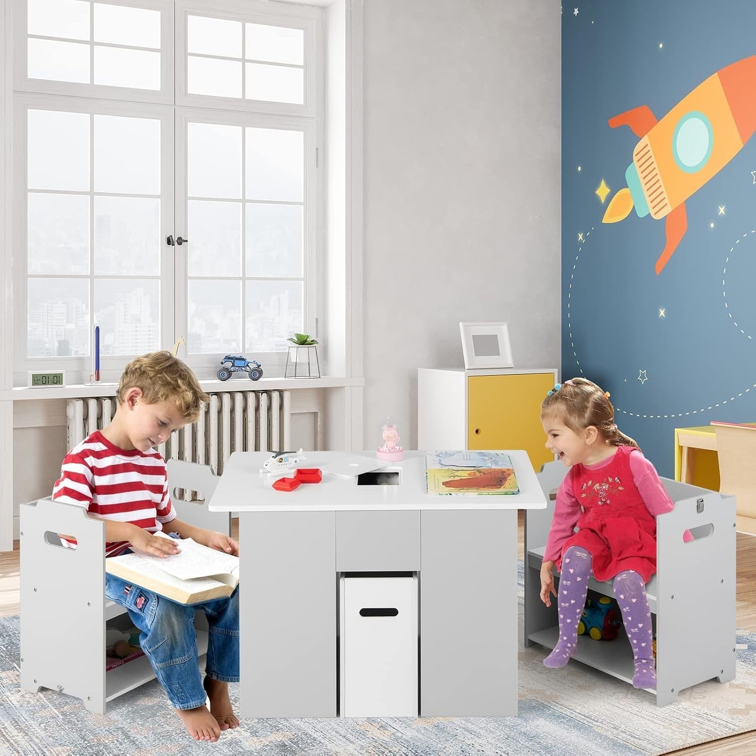 Kids Wooden Table & Chair Set with Storage Bin & Space-Saving Design, Safe & Dur