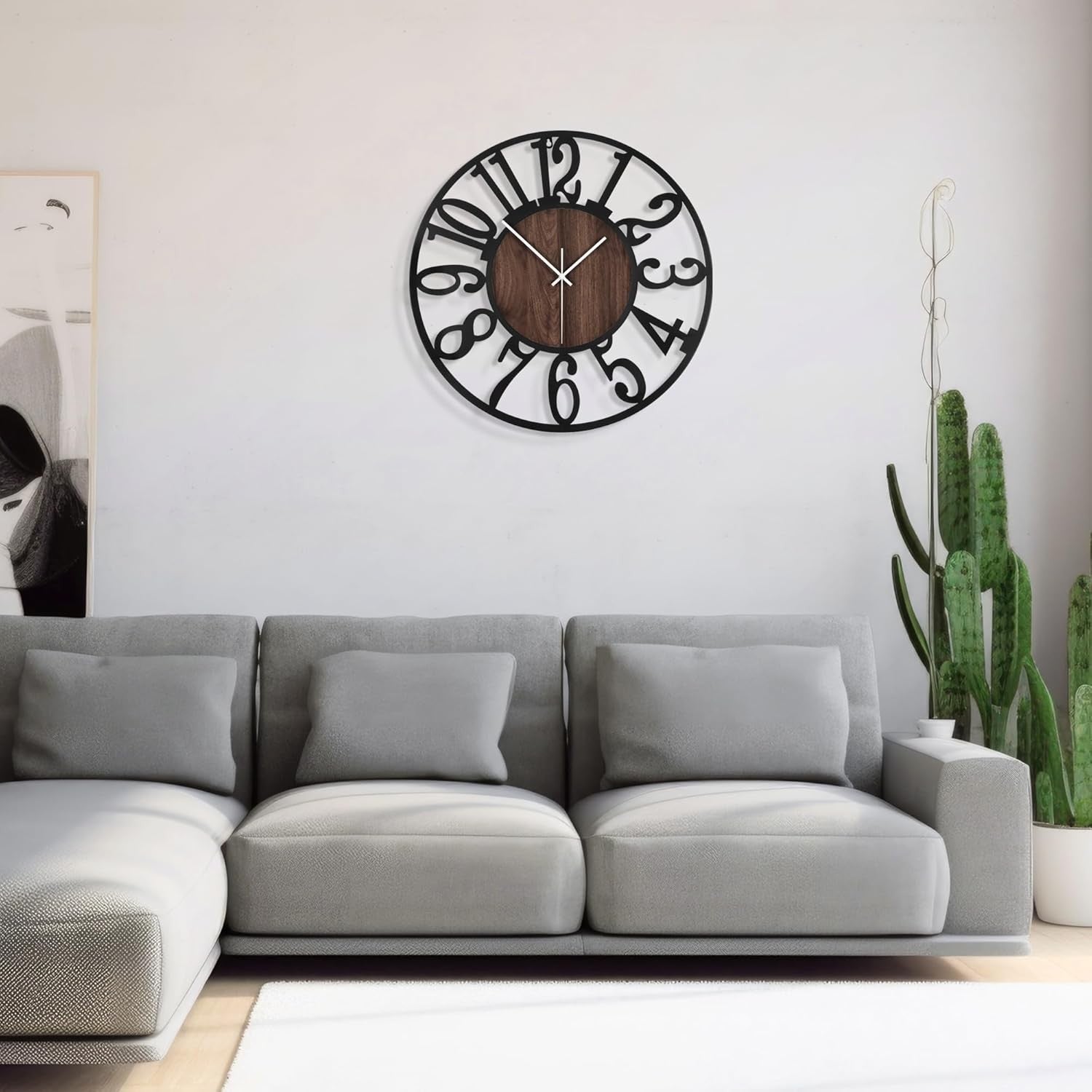 20" Large Wall Clock Retro Wood & Metal Silent Arabic Numerals Modern Decor