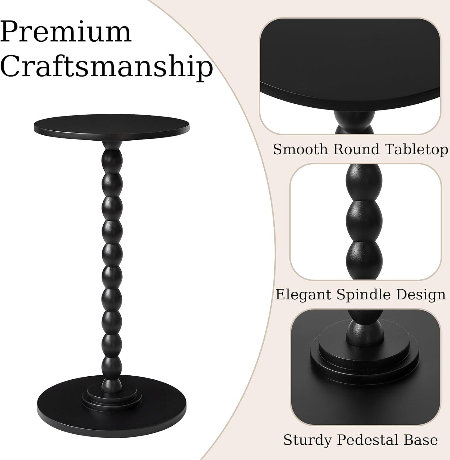 Black Round Side Table for Small Spaces – Modern Accent Table with Wood Leg Base