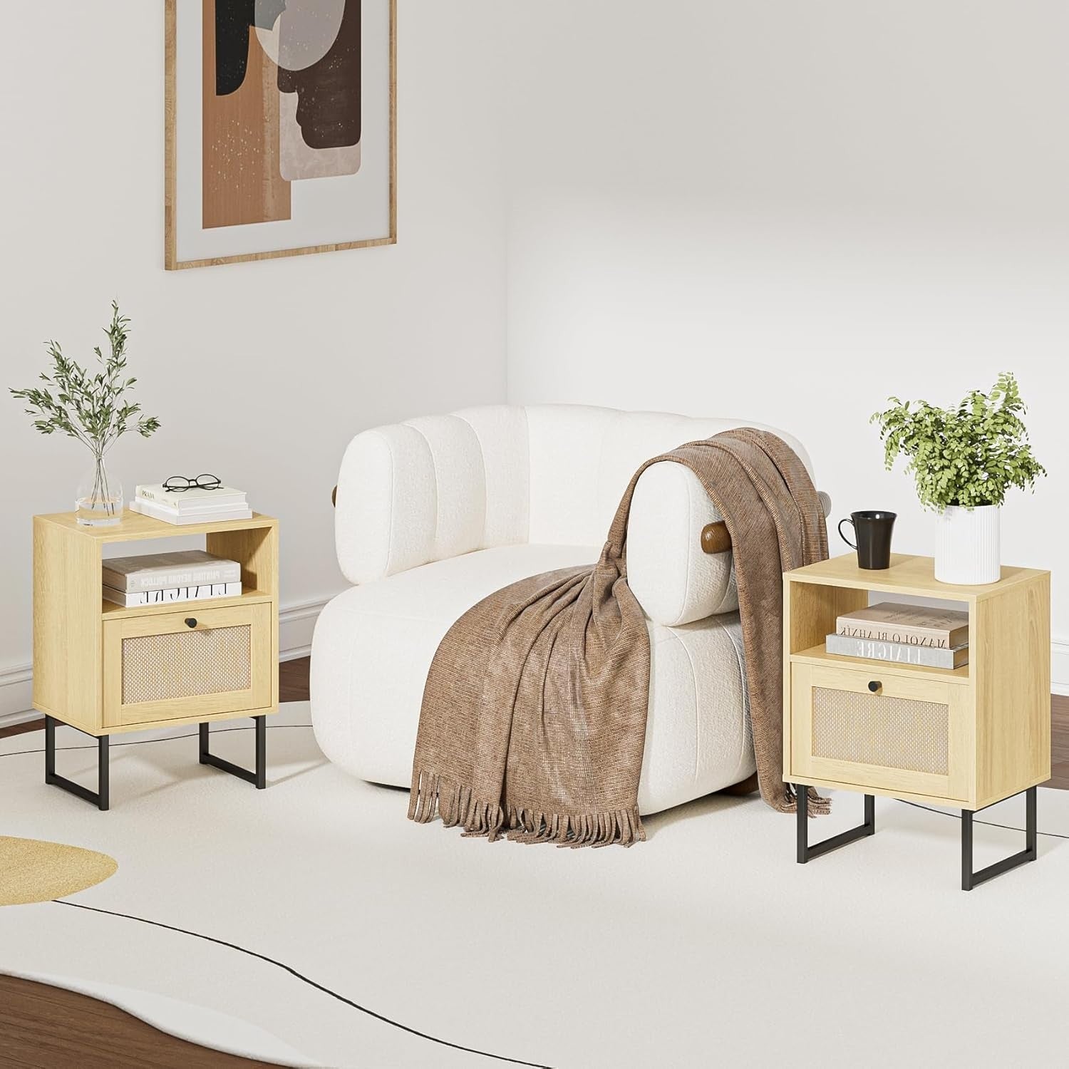 Natural Oak Rattan Bedside Table with Drawer Boho Nightstand Side Table