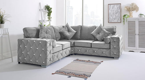 Silver Plush Velvet 5-Seater Corner Sofa With Pillows – Milton Diamond Tufted