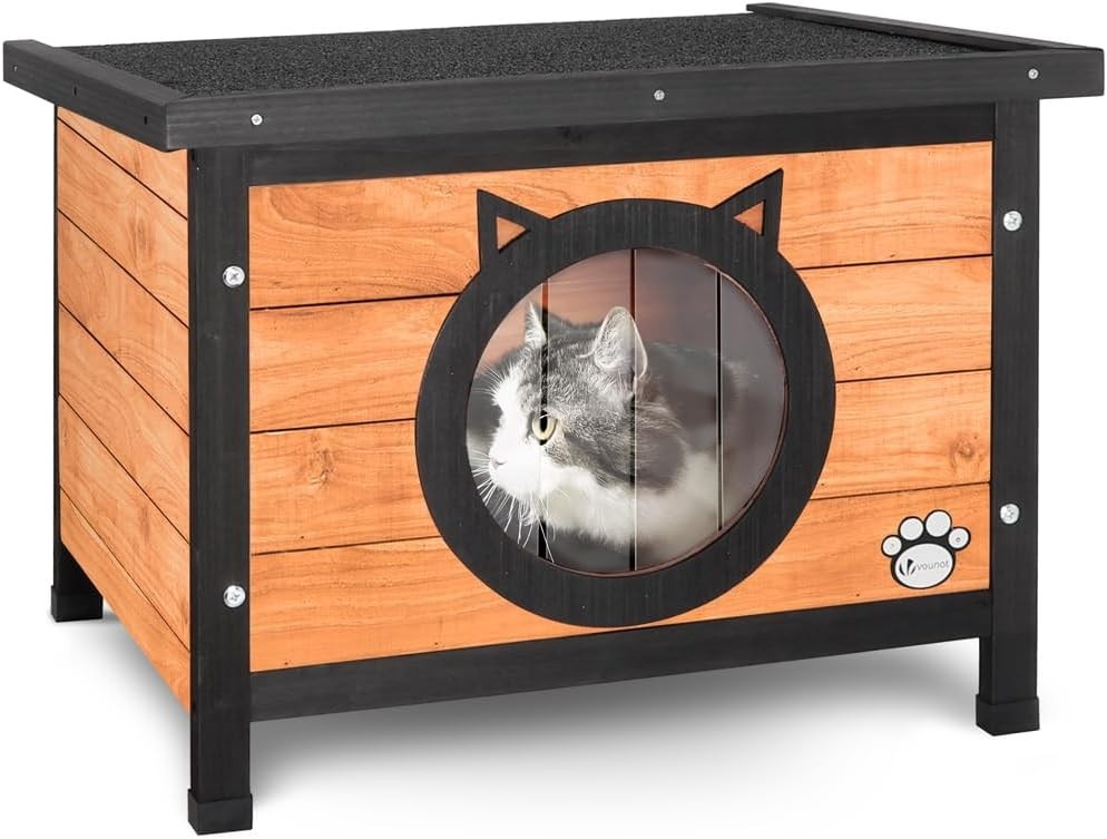 Outdoor Wooden Cat House with Water-Resistant Roof & Cat Ear Door 57x45x43cm