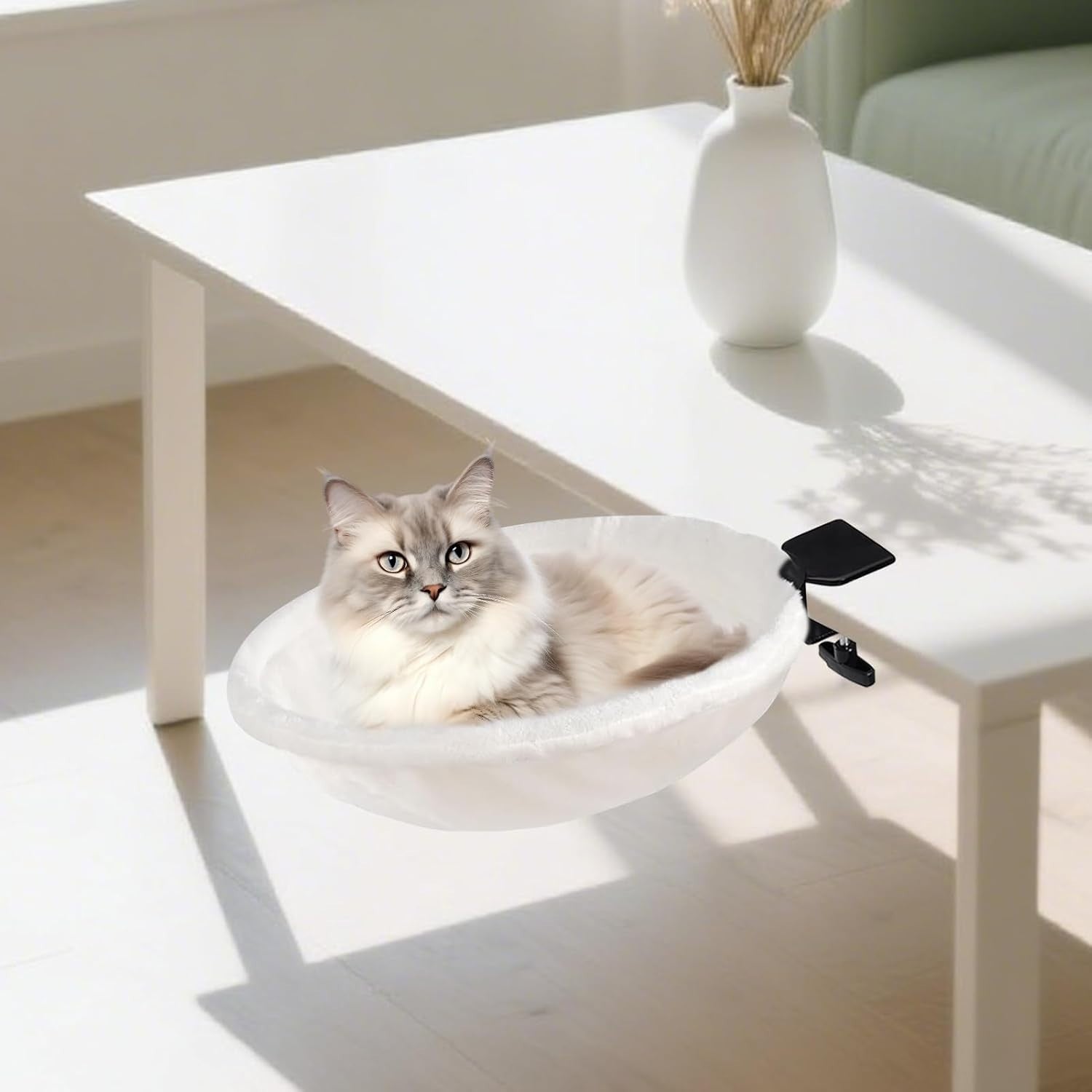 180° Rotating Cat Desk Hammock Foldable Washable Perch Bed White