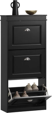3 Drawer Flip Door Shoe Cabinet Slim Storage Unit 53x24x117 cm Black