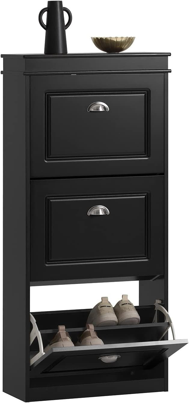3 Drawer Flip Door Shoe Cabinet Slim Storage Unit 53x24x117 cm Black