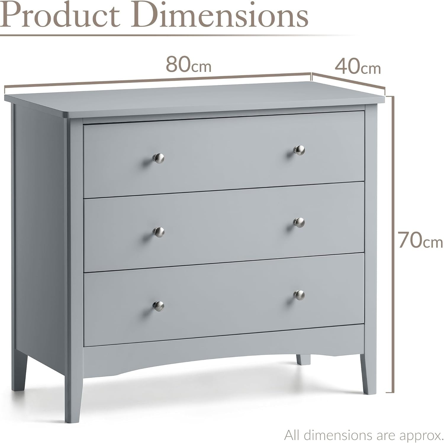 Grey 3 Drawer Chest, MDF Storage Cabinet, Chrome Handles, 80cm Wide