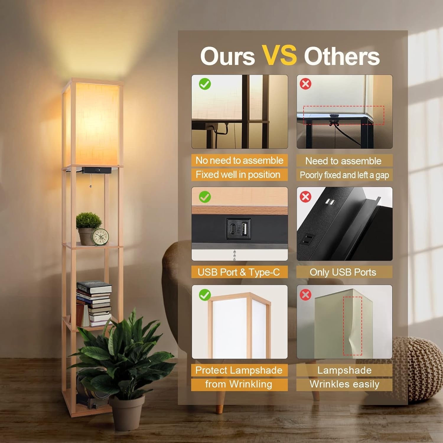 Floor Lamp with Shelves USB C Charging LED Wooden Standing Storage Light