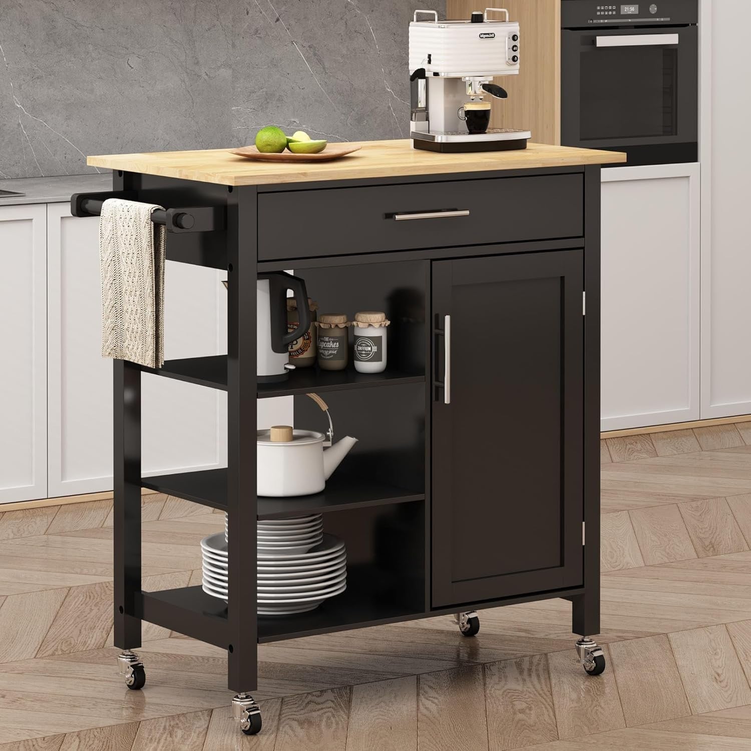 3-Tier Rolling Kitchen Island Cart with Drawer, Cabinet & Towel Rack, Black