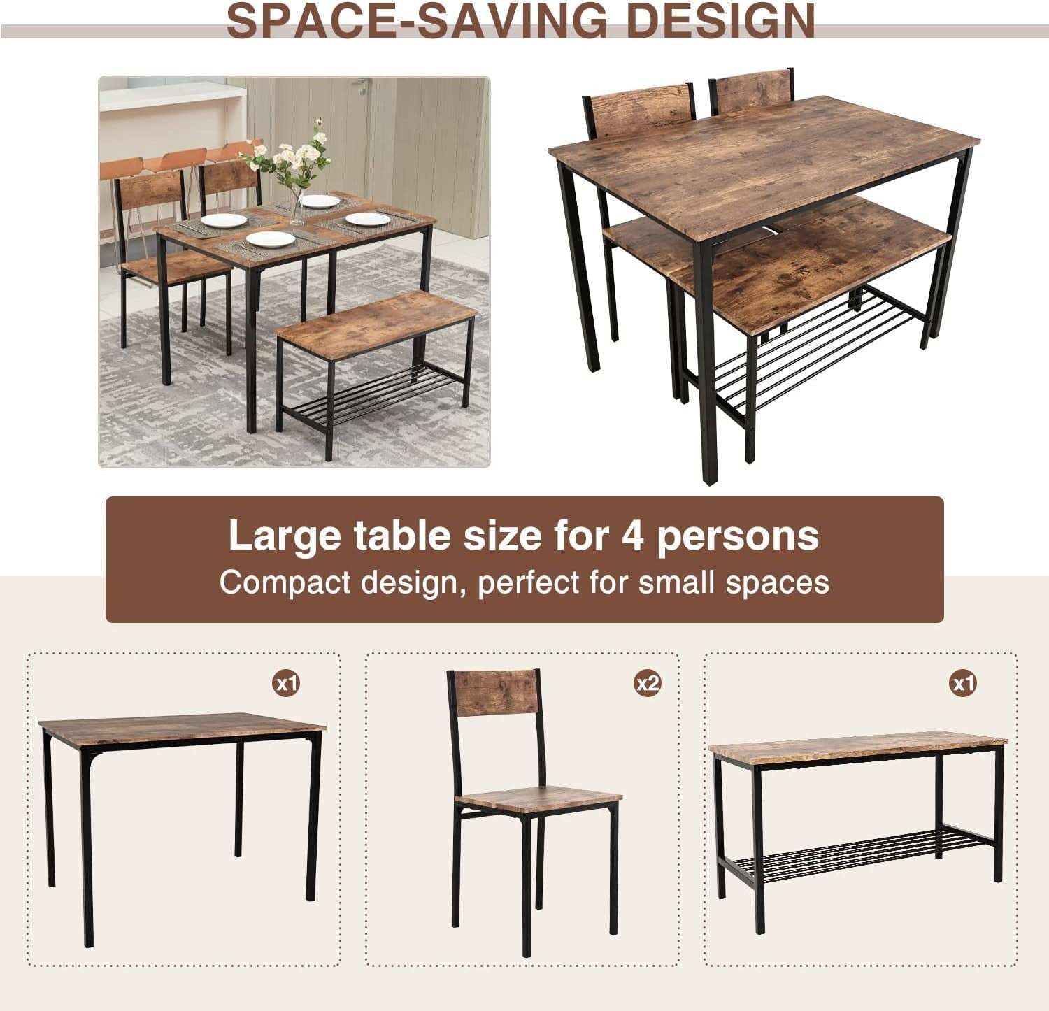Rustic Dining Table Set with Bench & 2 Chairs – Space-Saving Kitchen Furniture