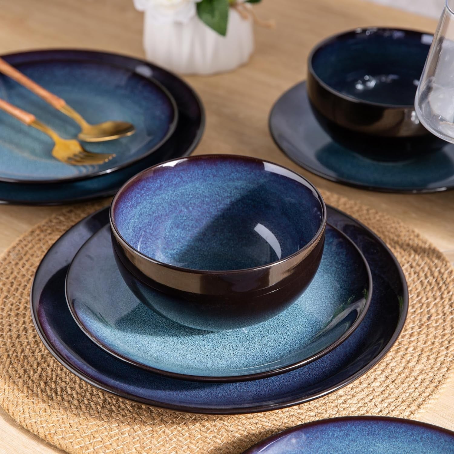 12 Piece Stoneware Dinner Set for 4 Blue Reactive Glaze Plates Bowls