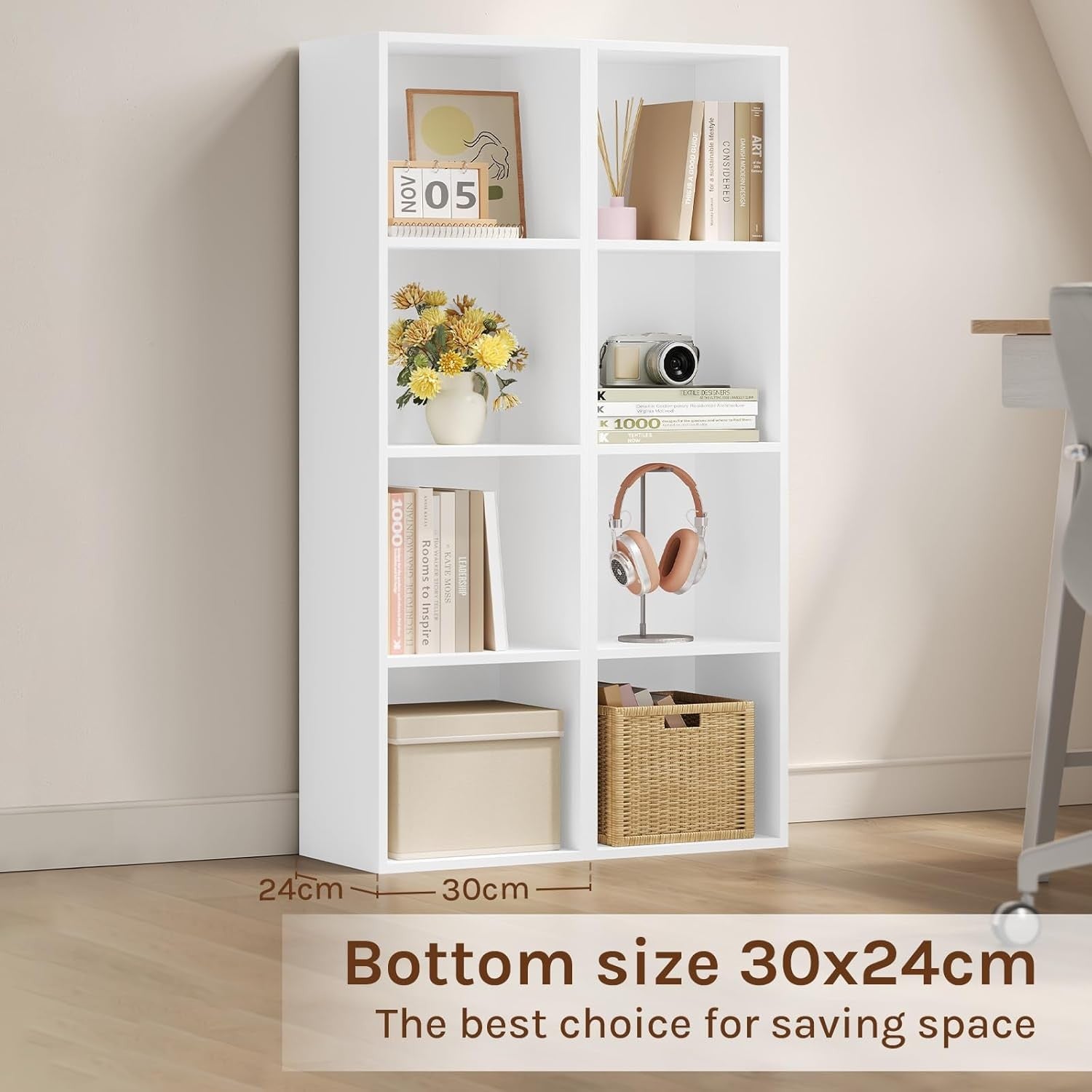 White 4 Cube Bookcase Tall Slim Storage Shelf Unit Modern Freestanding Display