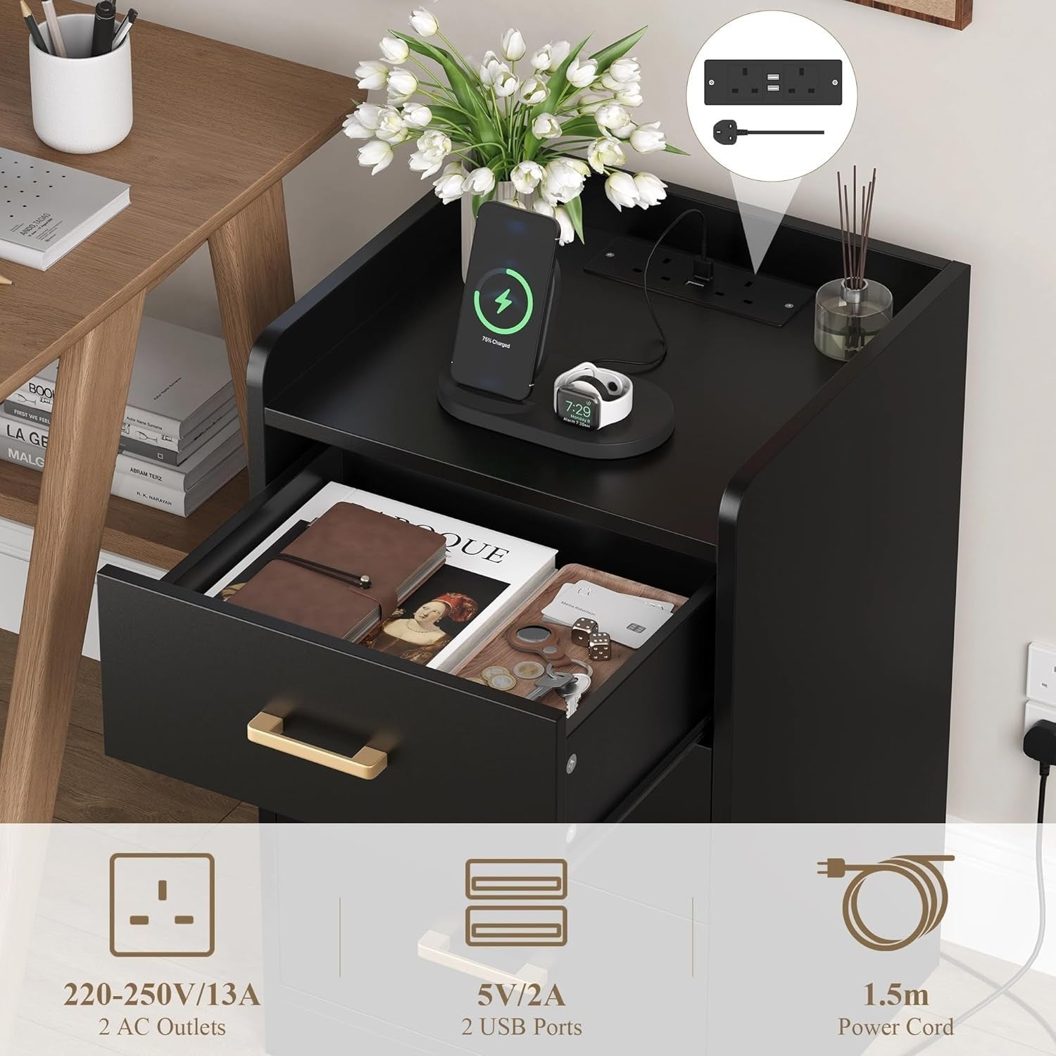 Black Bedside Table with USB Charging Station 3 Drawers Modern Nightstand