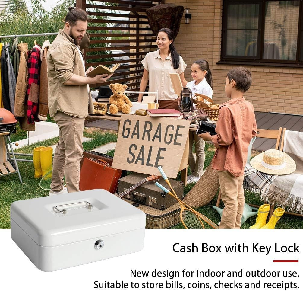 Lockable Cash Box Money Tray Coin Organizer Safe Box with Keys White