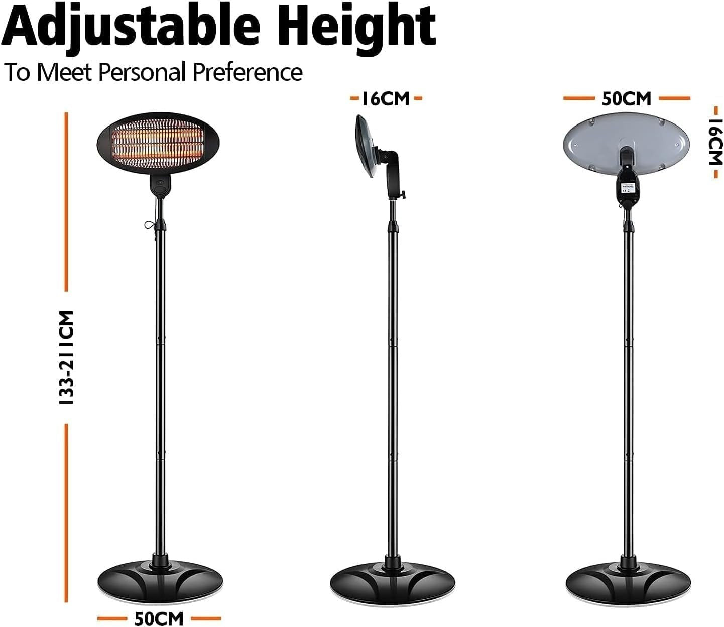Outdoor Electric Patio Heater 2000W 3 Heat Settings, Adjustable Height & Tilt