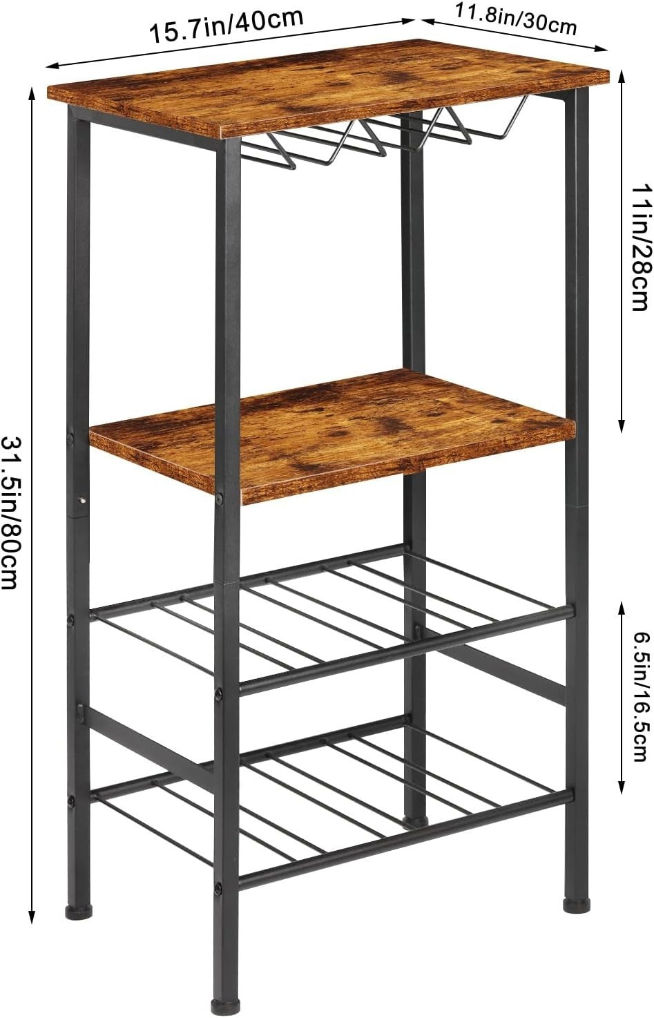 4-Tier Wine Rack with Glass Holder Rustic Bar Storage Shelf Free Standing Unit