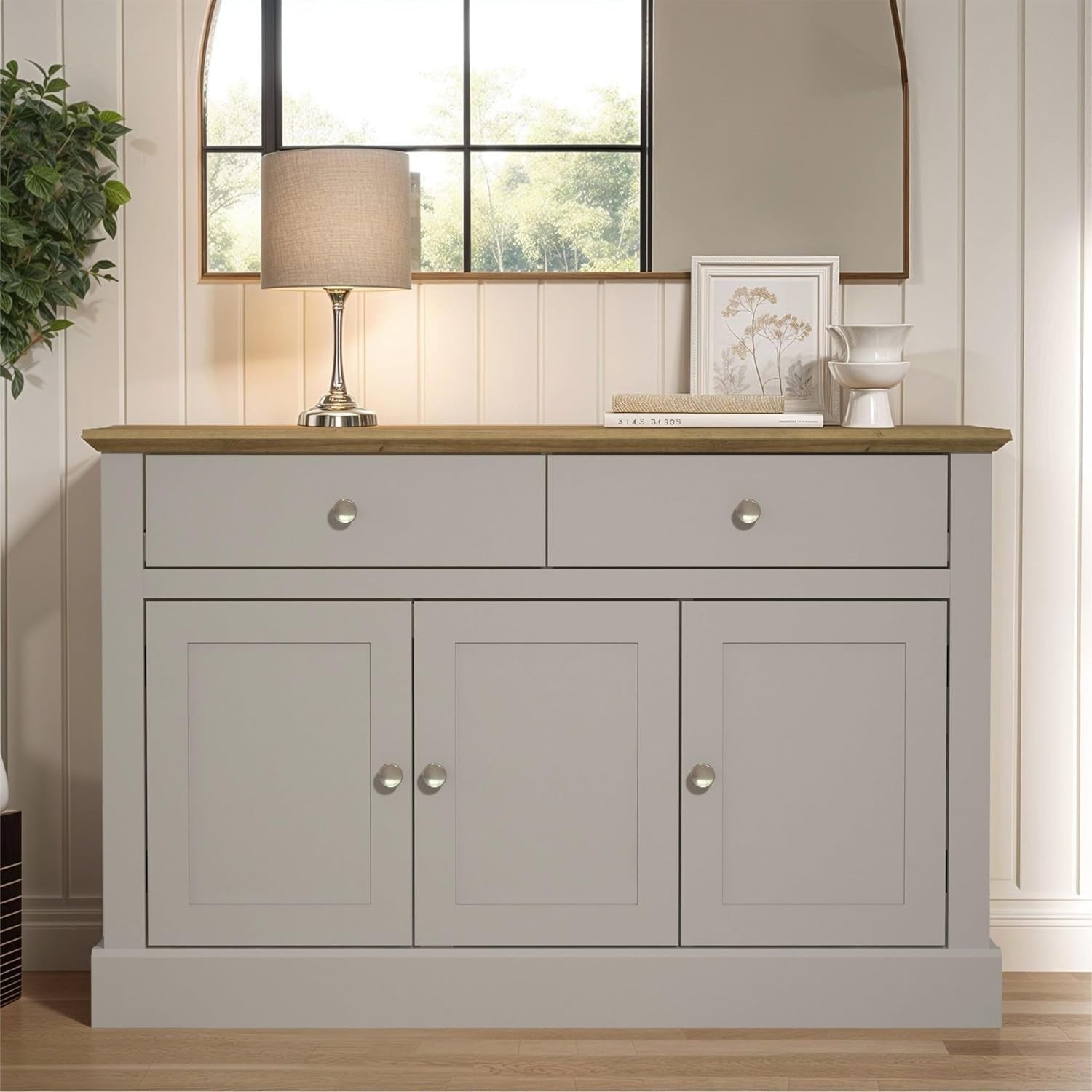 Grey Sideboard Cabinet with Drawers & Doors, Oak Top, Storage Unit
