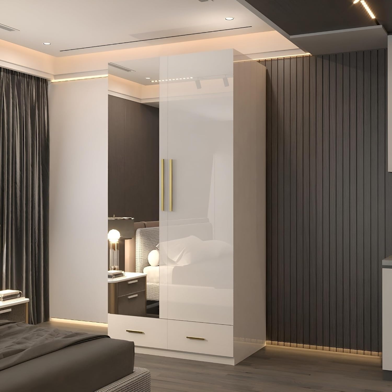 90cm High Gloss Mirrored Wardrobe with Shelves, Rail & Drawer - Modern