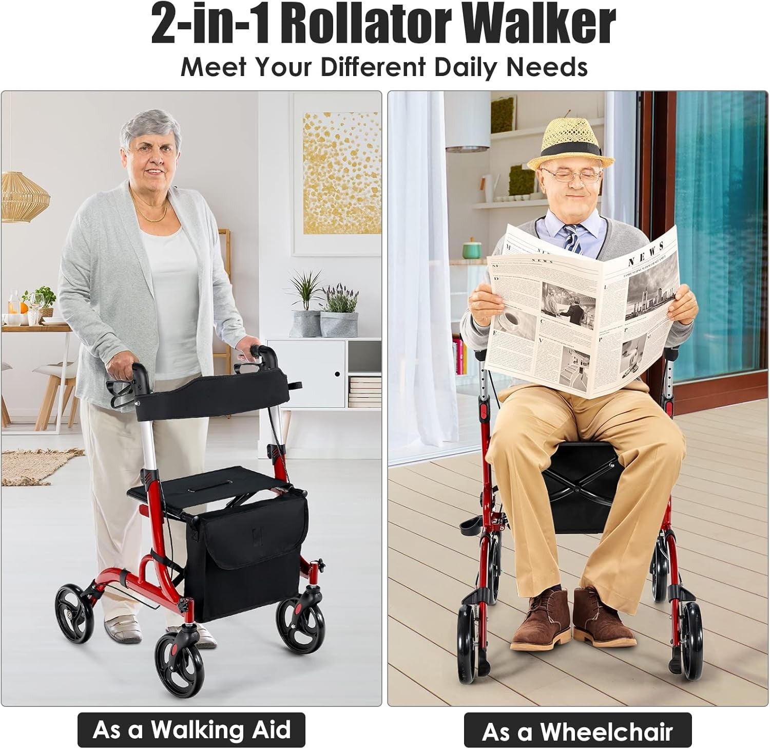 Lightweight Rollator Walker Seat 4 Wheel Folding Adjustable Mobility Aid