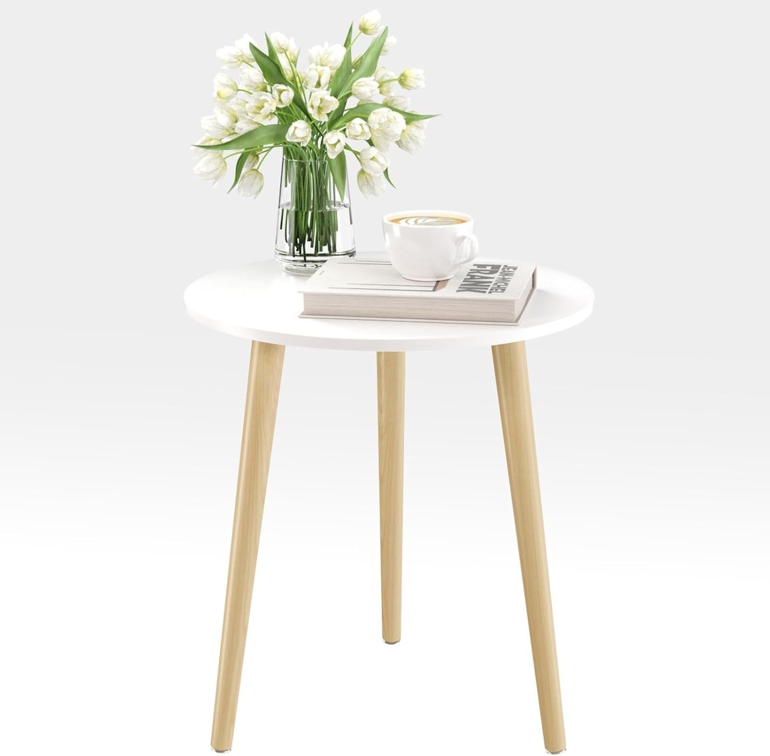 Small Round Side Table 42x42x51cm, Sturdy Iron Legs, White & Oak Finish