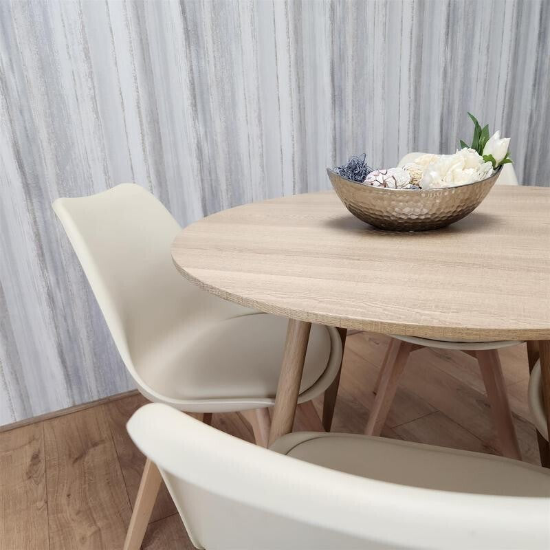 Round Wooden Dining Table Set with 4 White Chairs for Kitchen or Home