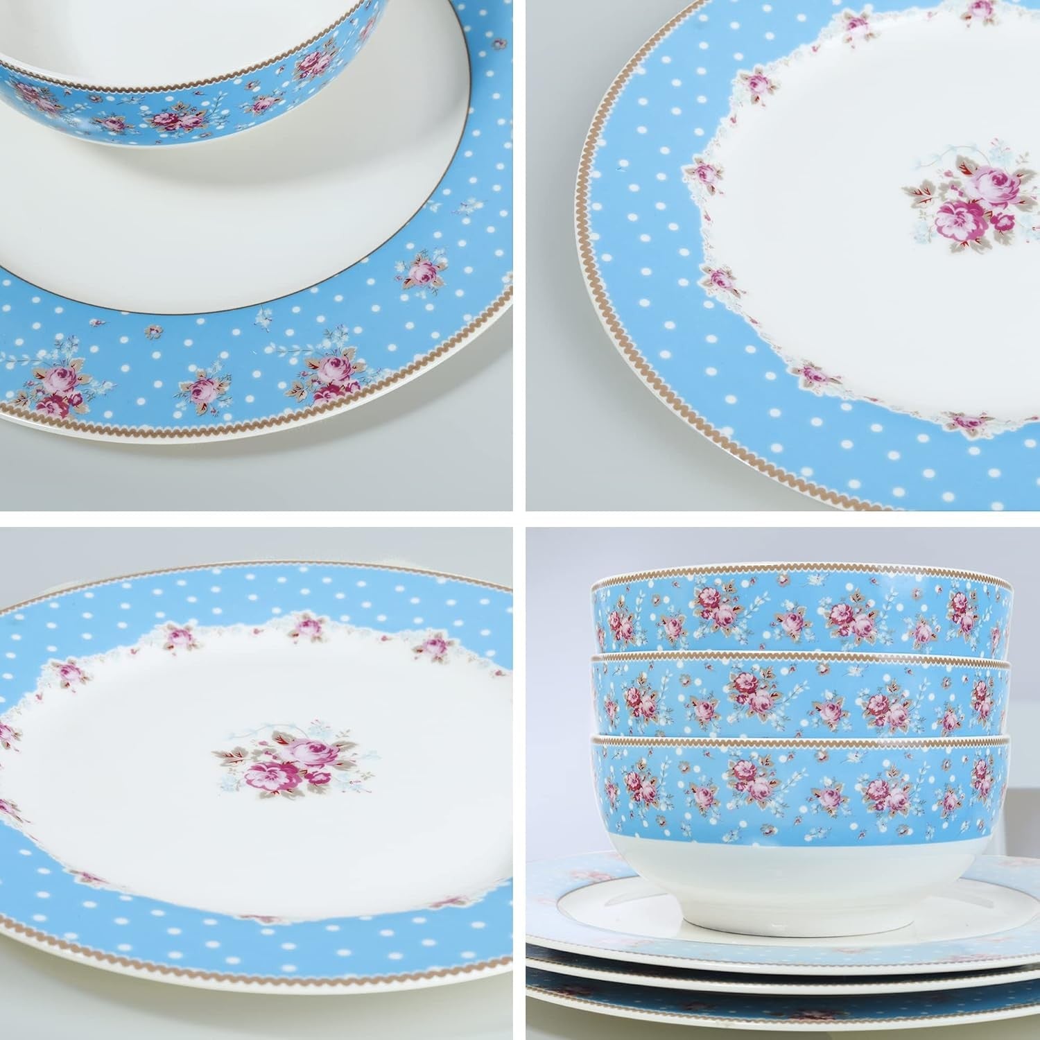 12pc Blue Floral Dinner Set Porcelain Plates Bowls Dishwasher Safe Service for 4