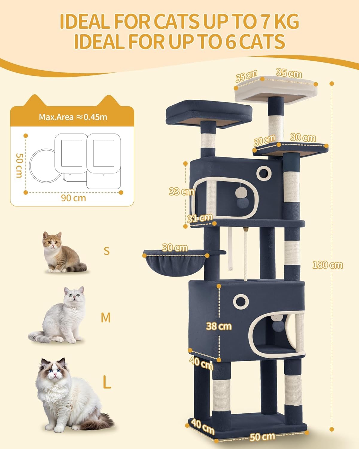 Hzuaneri 180 cm Cat Tree for Indoor Cats, Cat Tower, Multi-Level Cats Condo with
