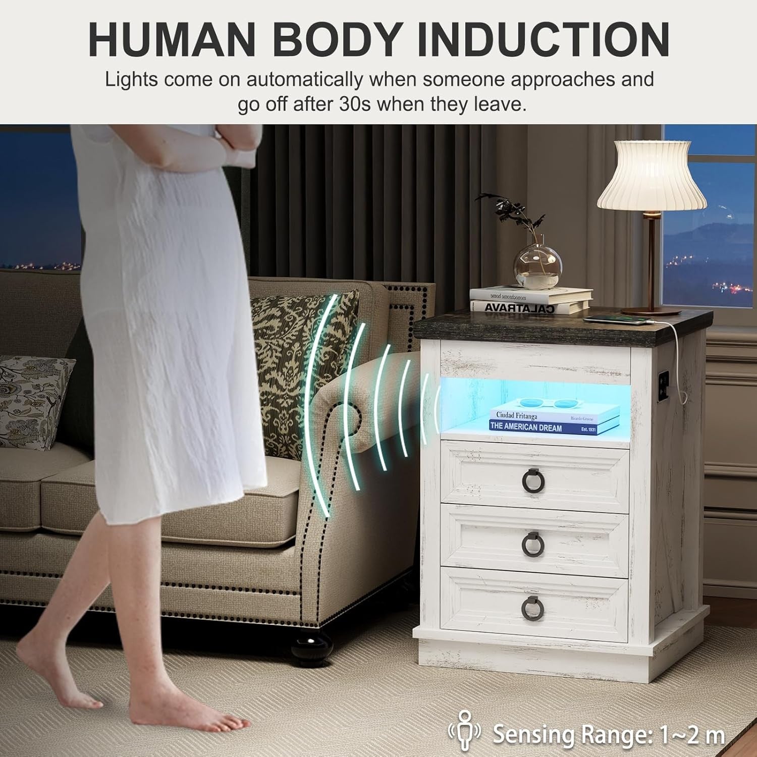White Smart Bedside Table with Wireless Charging, LED Lights & 4 Drawer Storage