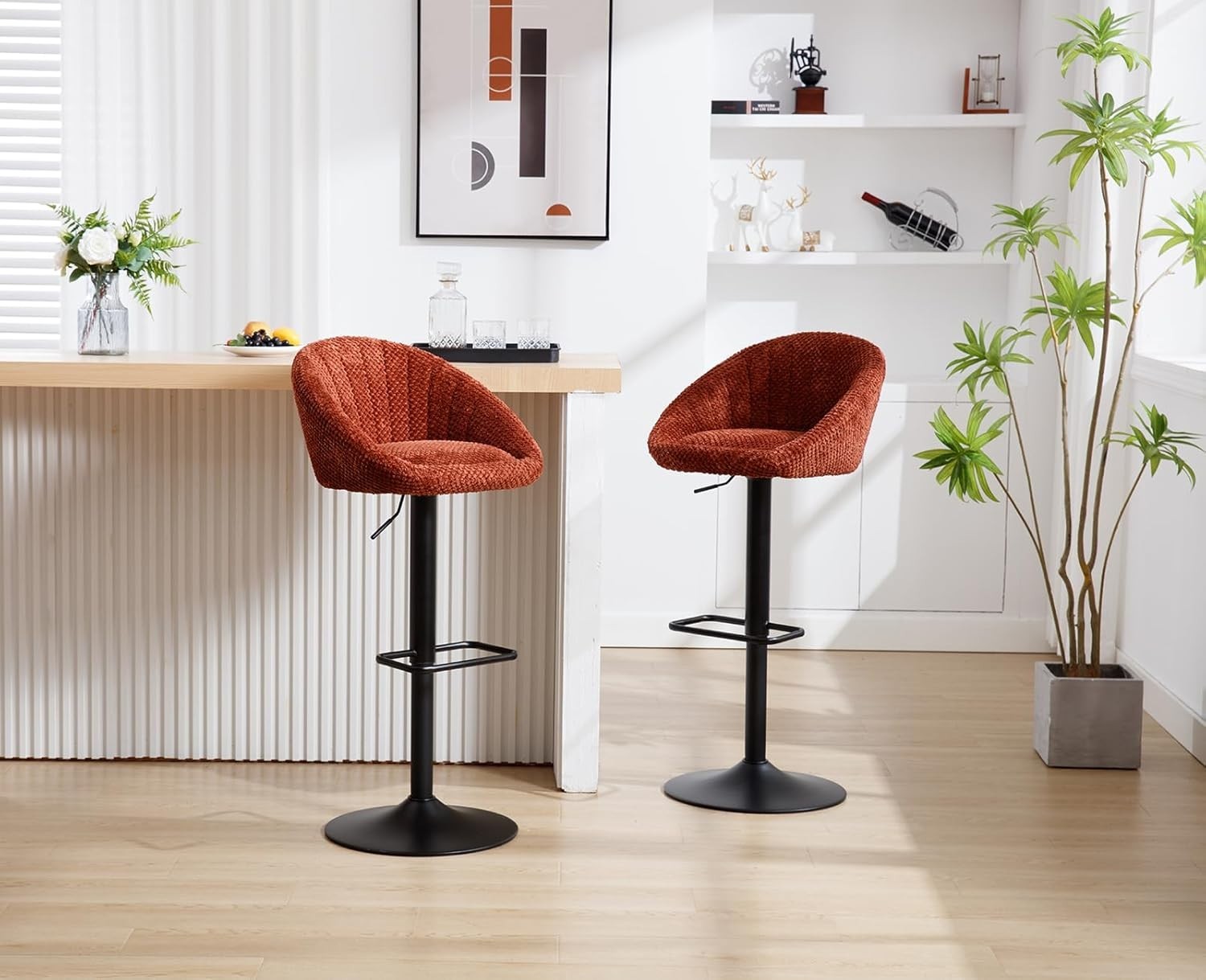 Set of 4 Brown Chenille Bar Stools Adjustable Swivel Counter Chairs