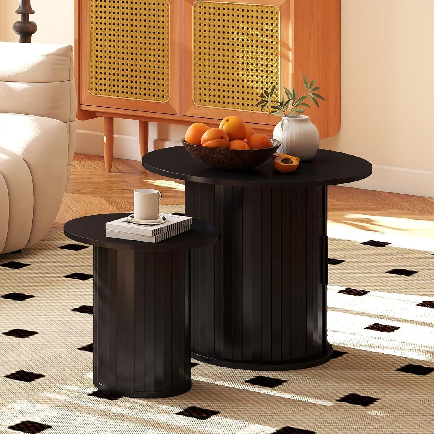 2-Piece 60cm Round Nesting Coffee Table Set with Hidden Storage, Black Finish