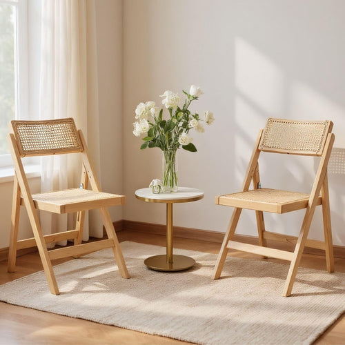 Folding Rattan Dining Chairs Set of 2 Wooden Frame Space Saving Kitchen