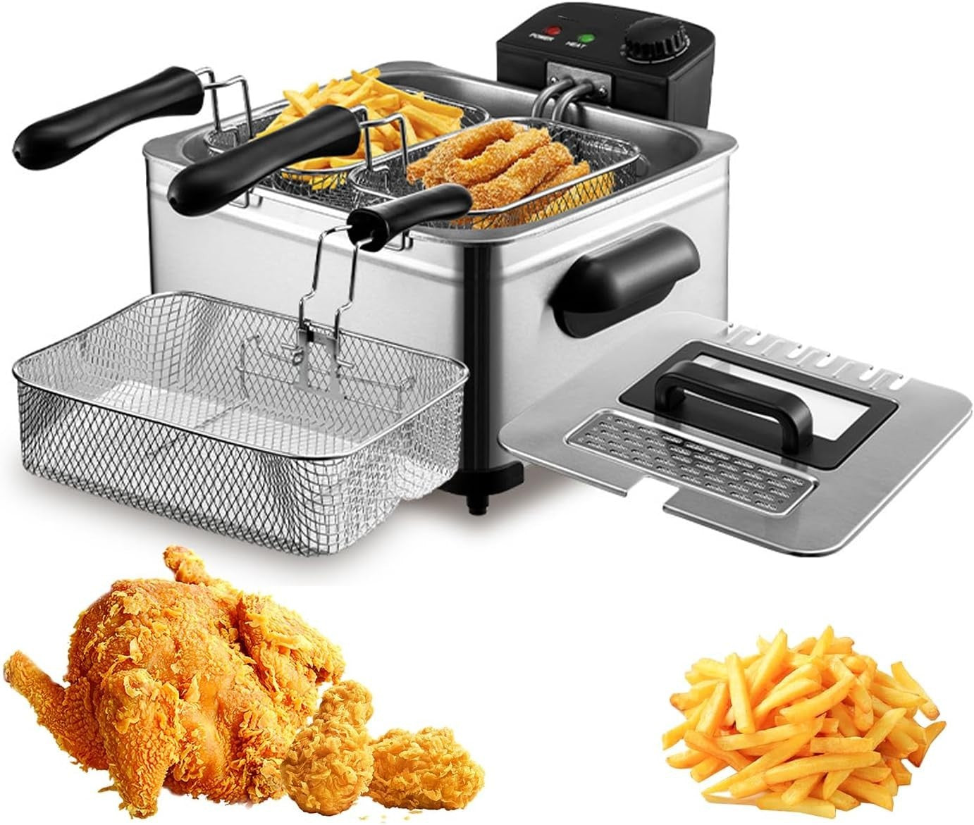 Electric Deep Fat Fryer 5L 2000W Easy Clean Dual Baskets Window Lid