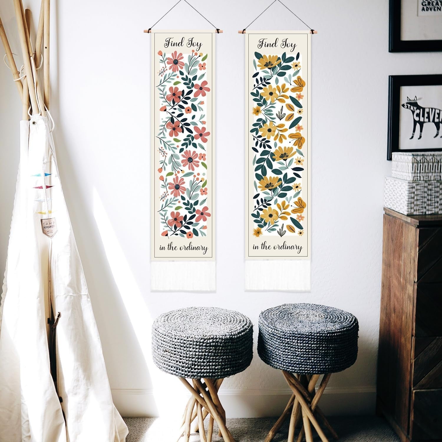 2-Pack Boho Pink & Yellow Floral Tapestry 52"x13" Vertical Decor