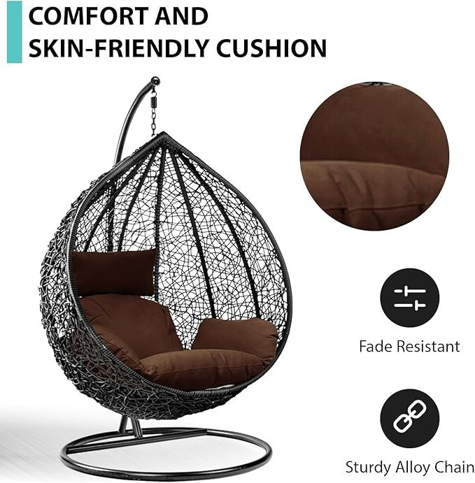 Outdoor Hanging Egg Chair Rattan Swing Seat with Cushion & Steel Frame Garden
