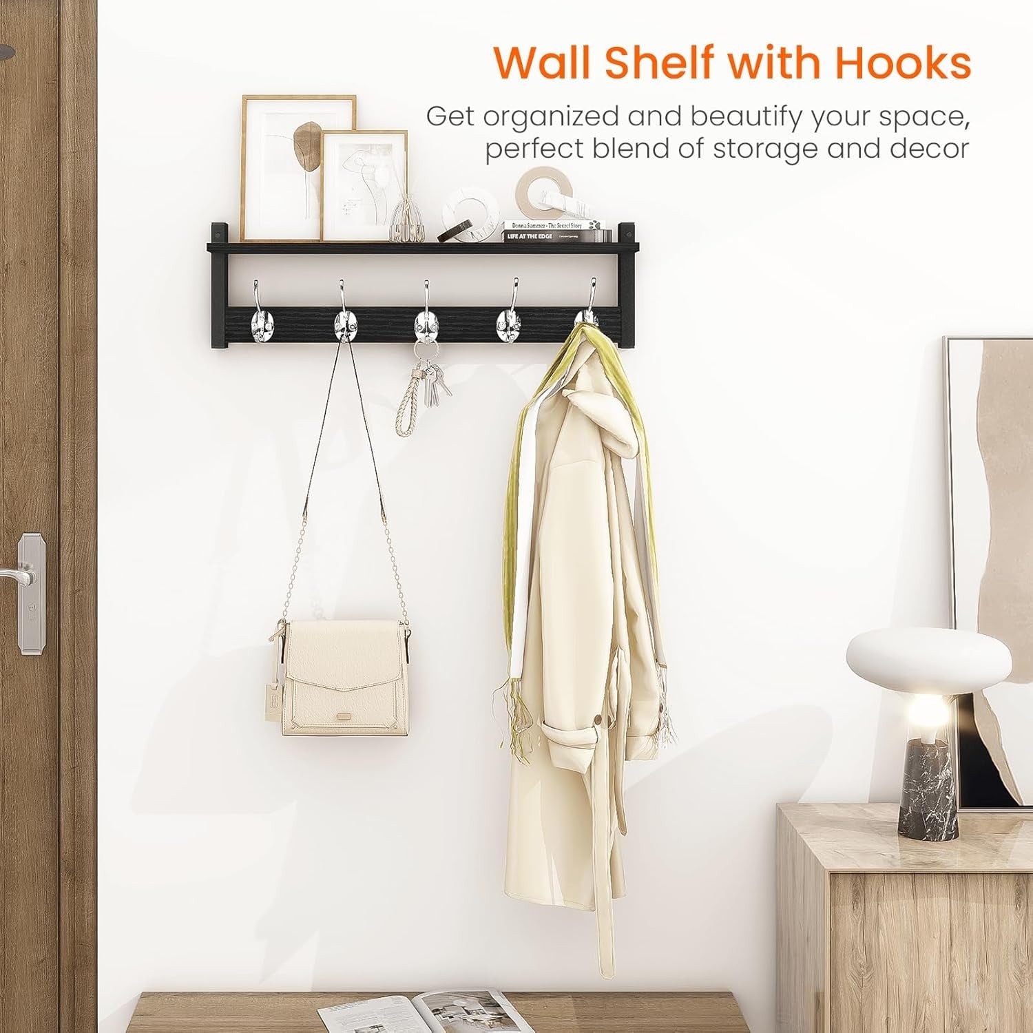 24in Wall Mounted Coat Rack with Shelf Black Entryway Hat Towel Bag Hooks