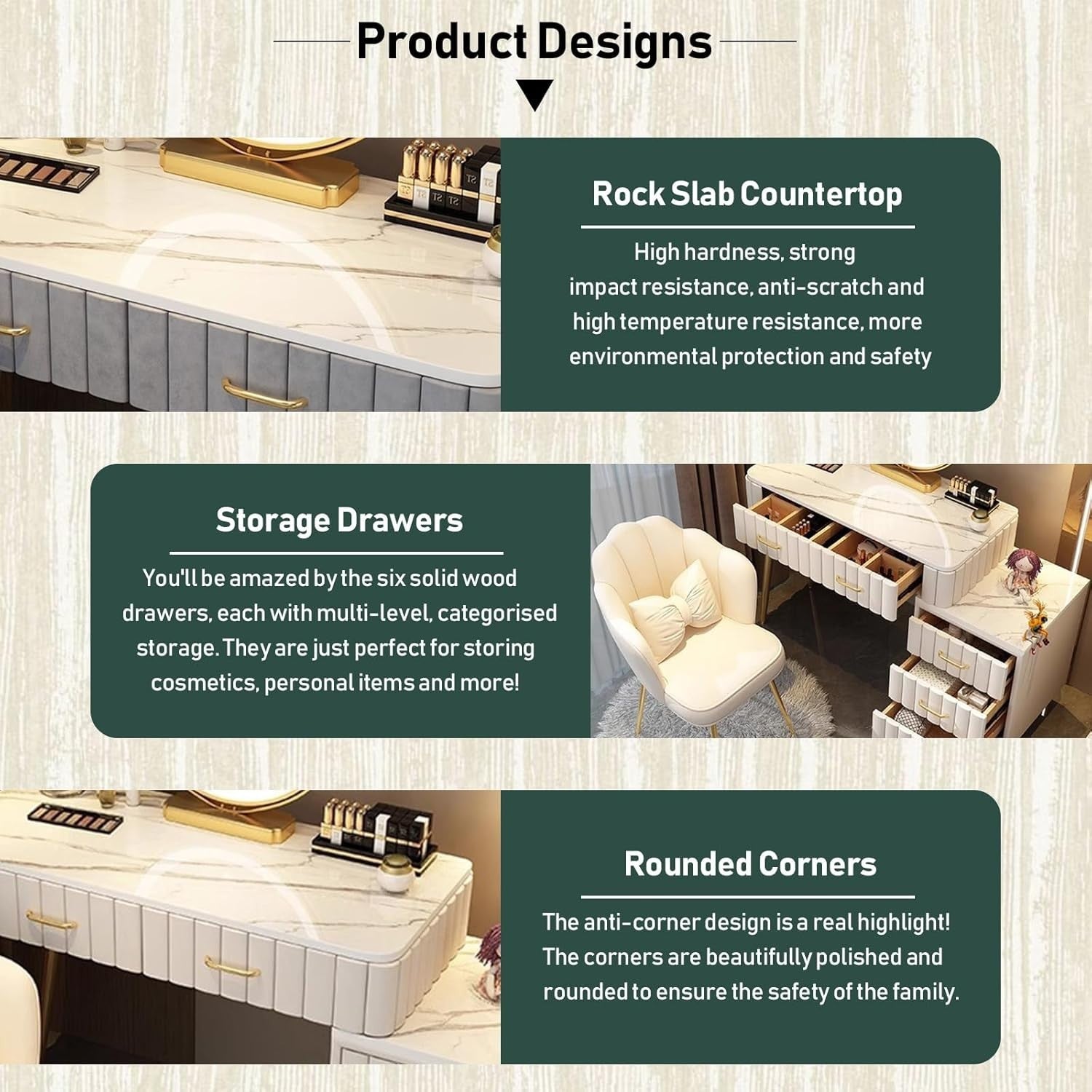 Modern Dresser & Nightstand Set, 5 Drawer Storage, Makeup Mirror LED Light, Bedr