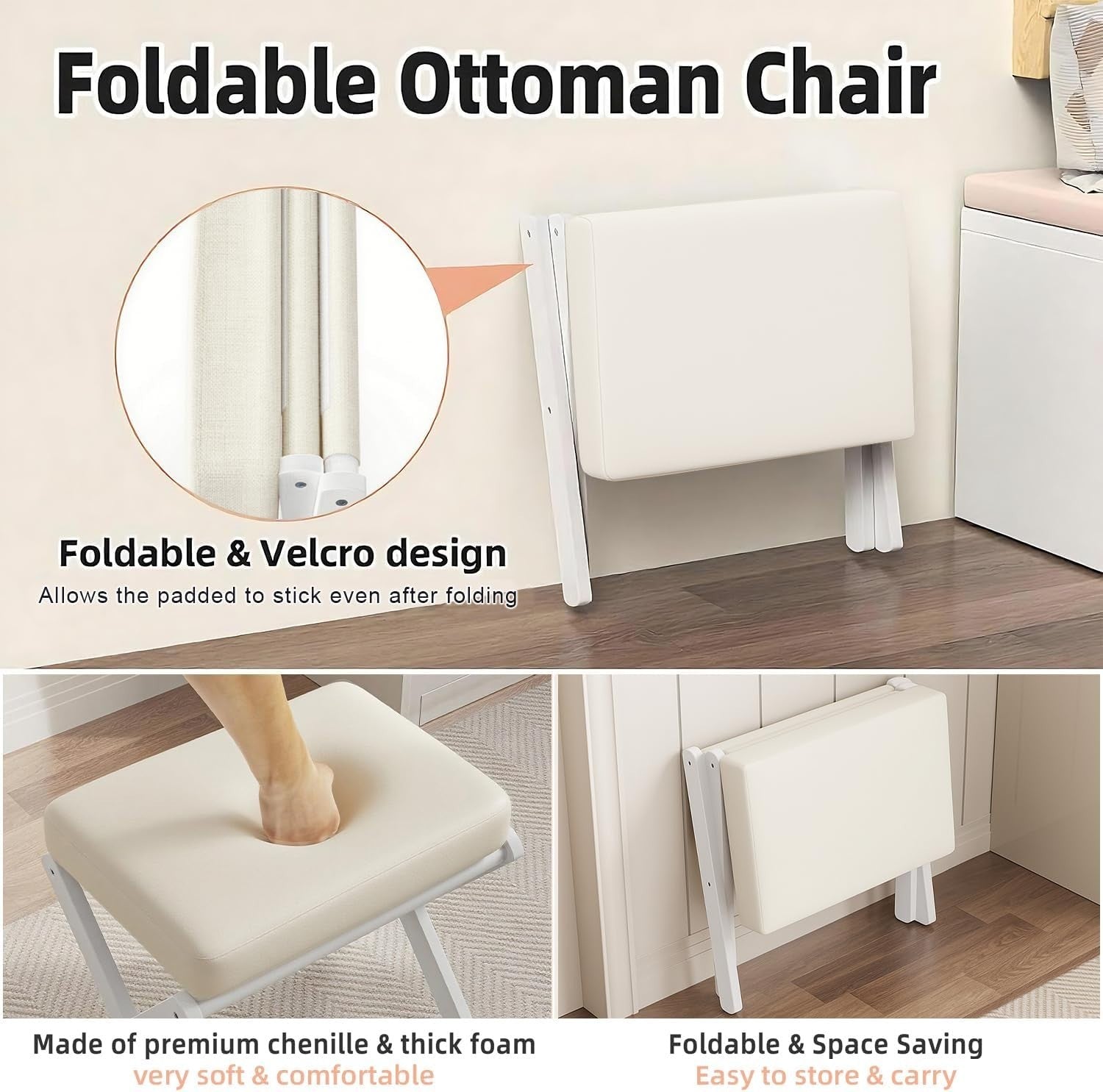 White Bamboo Foldable Footstool with Thick Cushion & X-Leg Design