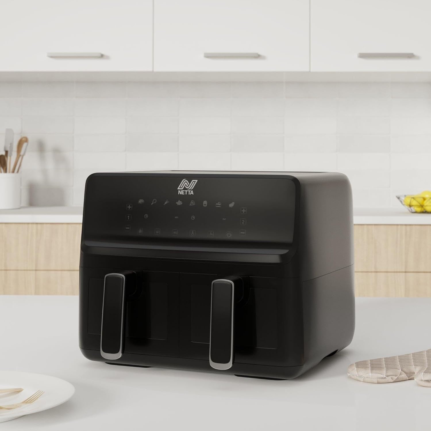 8L Dual Basket Air Fryer 2700W Digital Touch 8 Presets 60min Timer XL Black