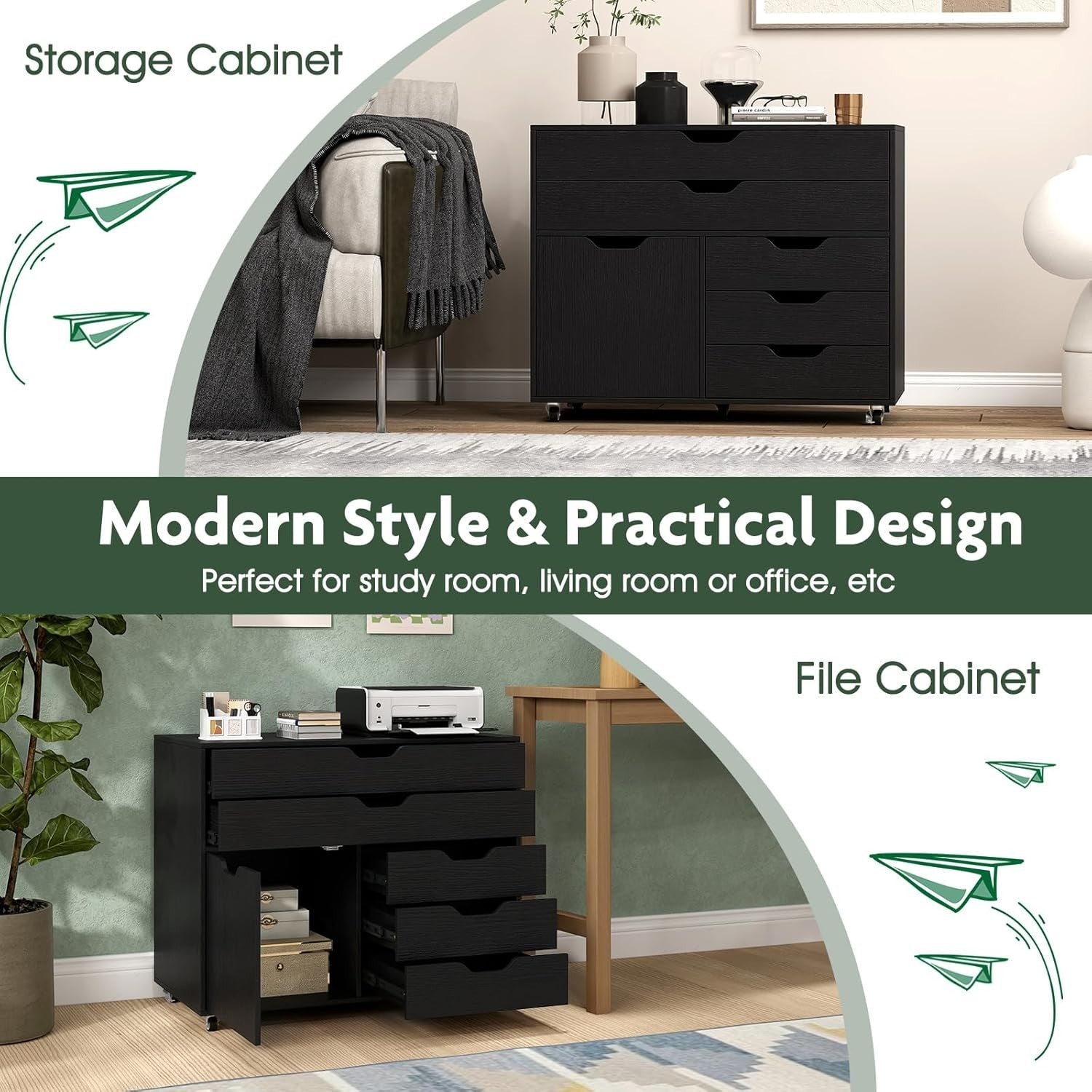 Black Mobile File Cabinet 77x40x64cm 5 Drawer Printer Stand