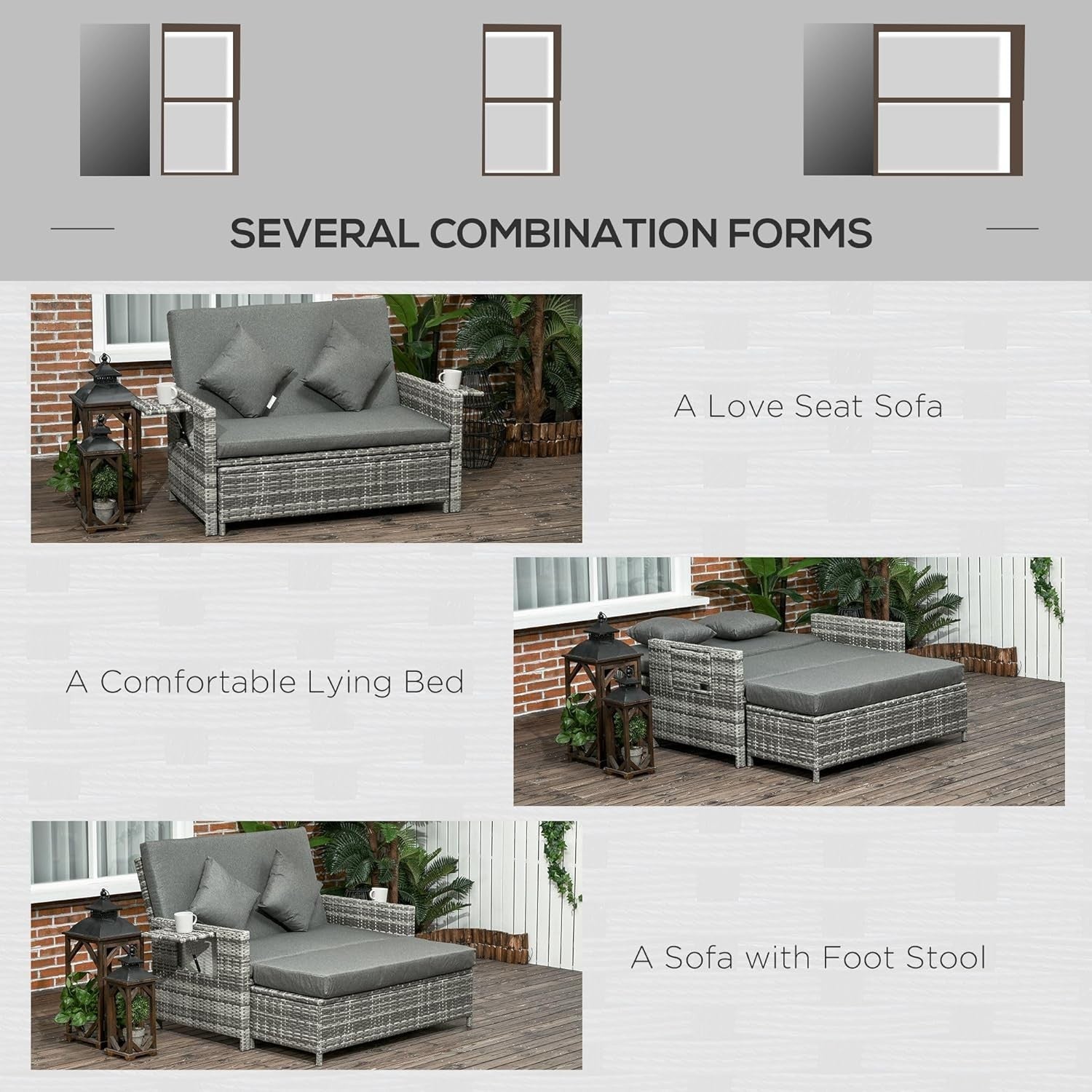 3-in-1 Mixed Grey Rattan Outdoor Daybed with Adjustable Back & Ottoman