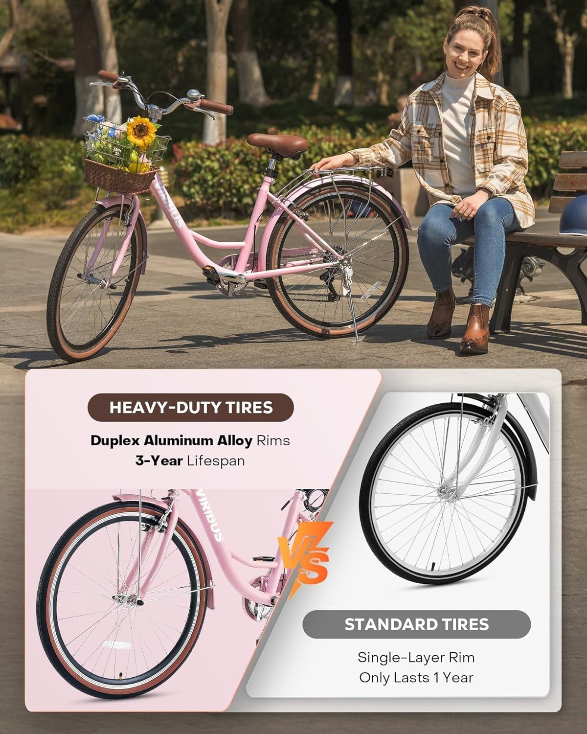 Women’s 24" Cruiser Bike 7-Speed Step-Through Frame Rattan Basket Rack