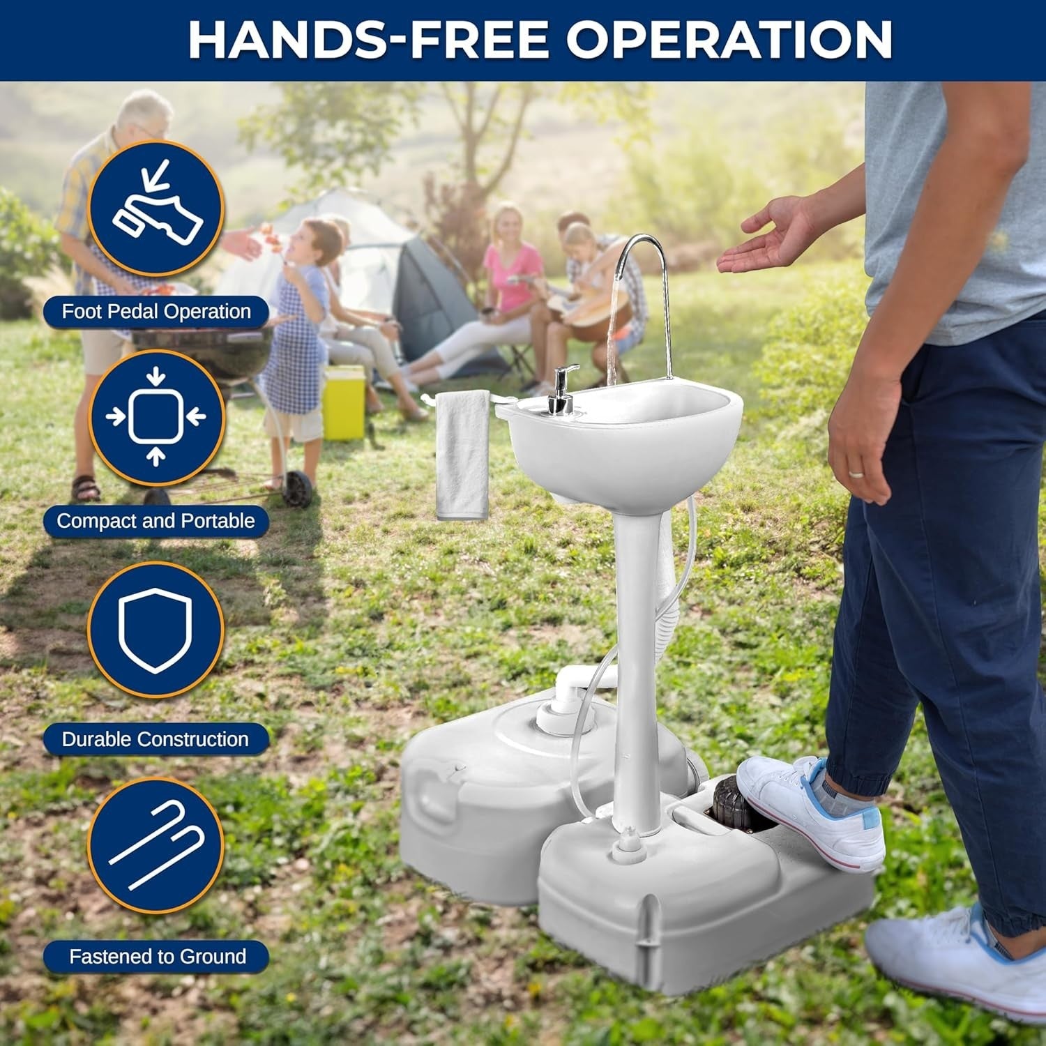 Portable Camping Sink w/ Tap, Waste Tank, Foot Pump & Soap Dispenser