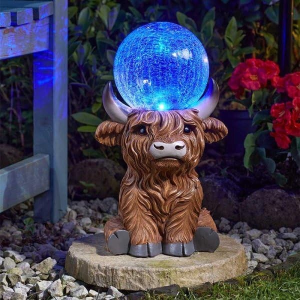 Solar Highland Cow Garden Ornament with LED Crackle Ball Resin Outdoor Statue